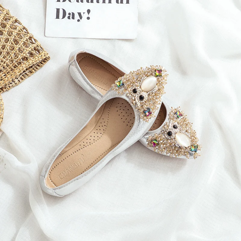 2023 New Women Summer Shoes Pointed Toe Rhinestone Flowers Flat Shoes Woman Soft Large Size Foldable Ballet Women Flats  WSH2550