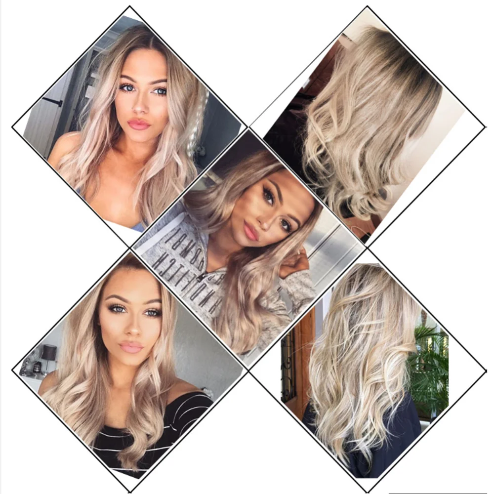 Wignee Lange Synthetische Pruiken 2 Tone Ombre Bruin Ash Blonde Hittebestendige Voor Vrouwen Lijmloze Golvend Dagelijks/Cosplay Natuurlijke haar Pruiken