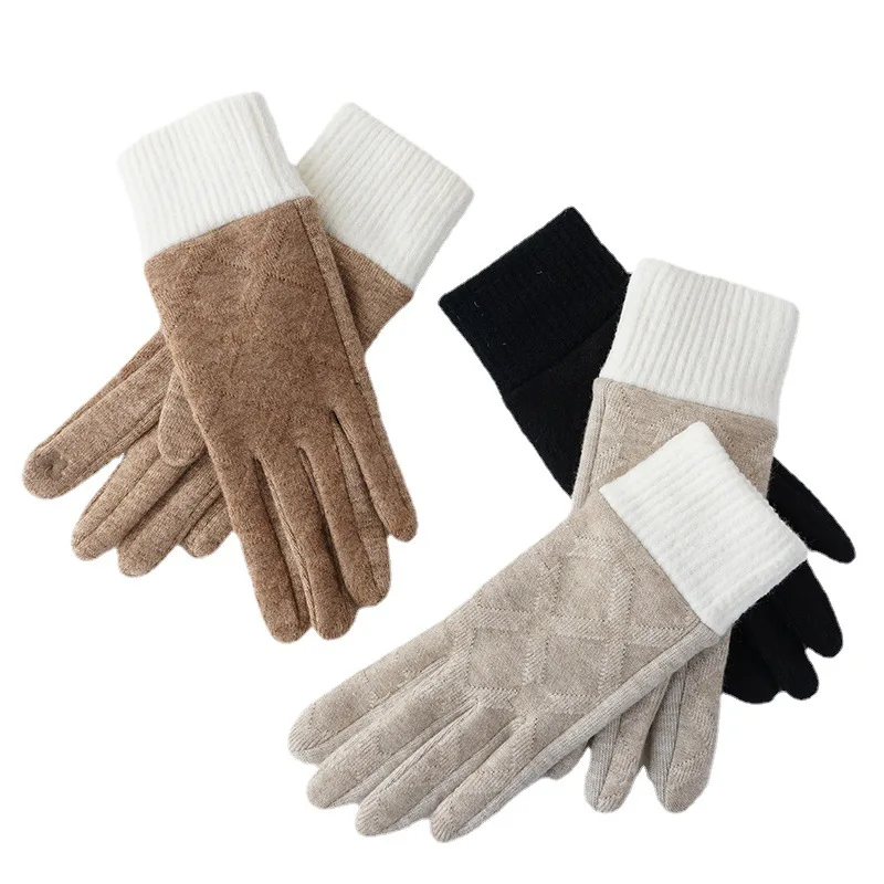 Elegant Women Winter Imitate Cashmere Keep Warm Plus Velvet Thicken Touch Screen Lattice Cycling Drive Knitting Mittens Gloves