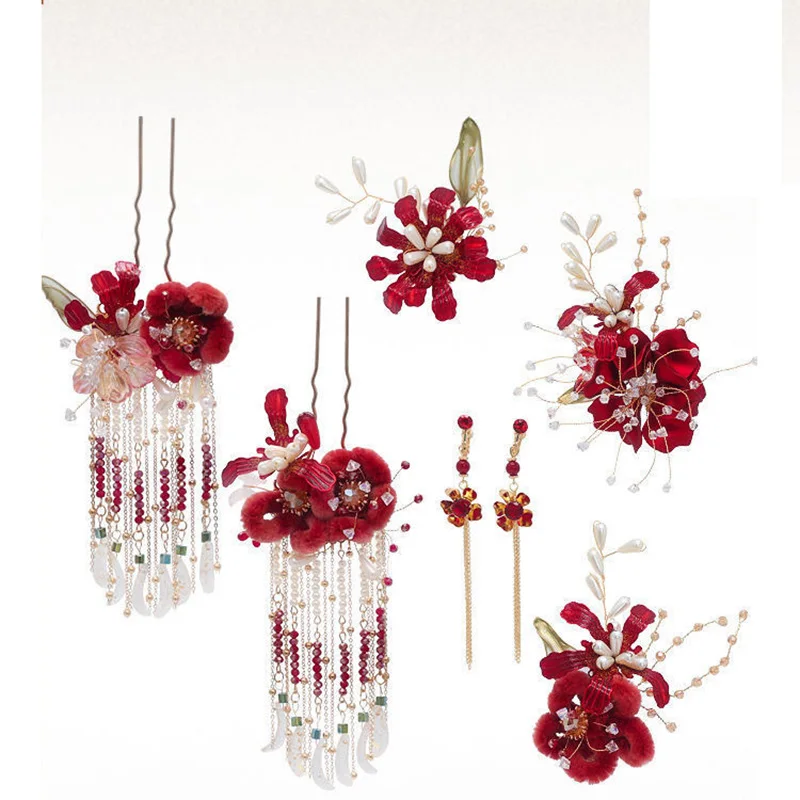 NiuShuya – épingles à cheveux à pampilles en velours rouge, pour robe de mariée, accessoires de cheveux, bijoux, nouvelle collection