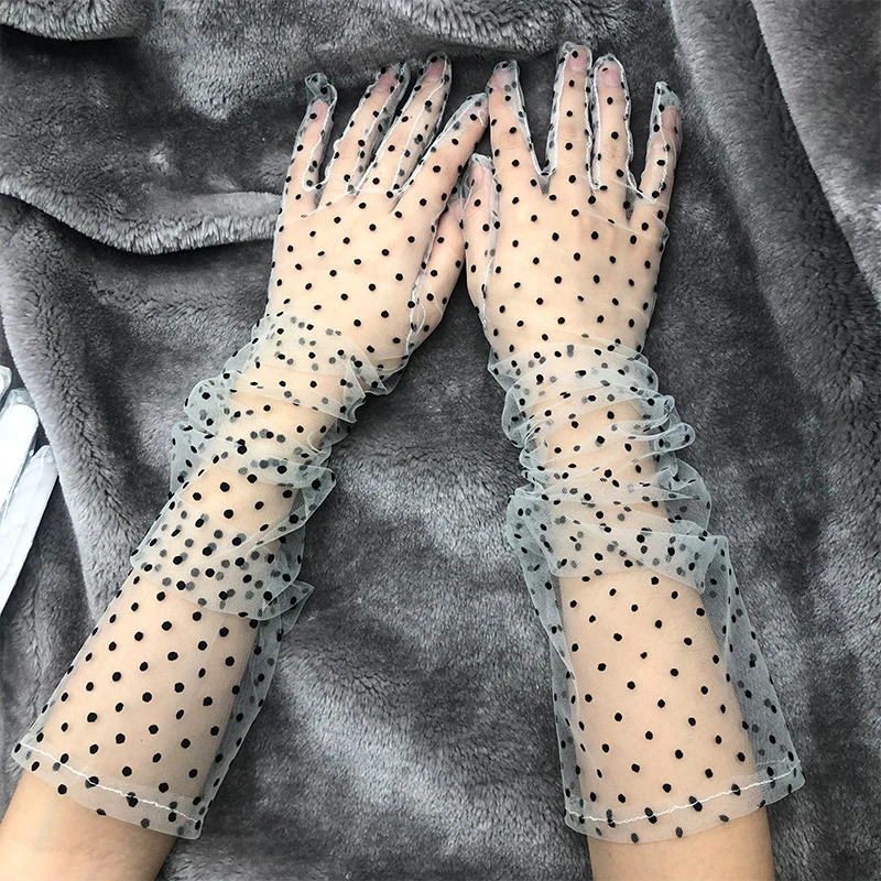 Primavera Verão Mulheres Curto Tulle Luvas Branco Preto Dot Weeding Luvas Stretchy Lace Spots Full Finger Mittens Malha Lace Luvas