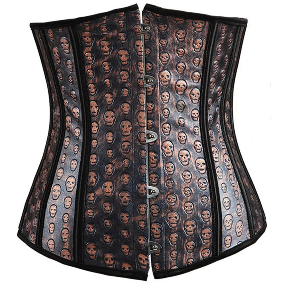 Faux Leather Gothic gorset topy dla kobiety Sexy czaszka Underbust gorset gorset baskijski Showgirl kostiumy S-6XL Corselet bielizna