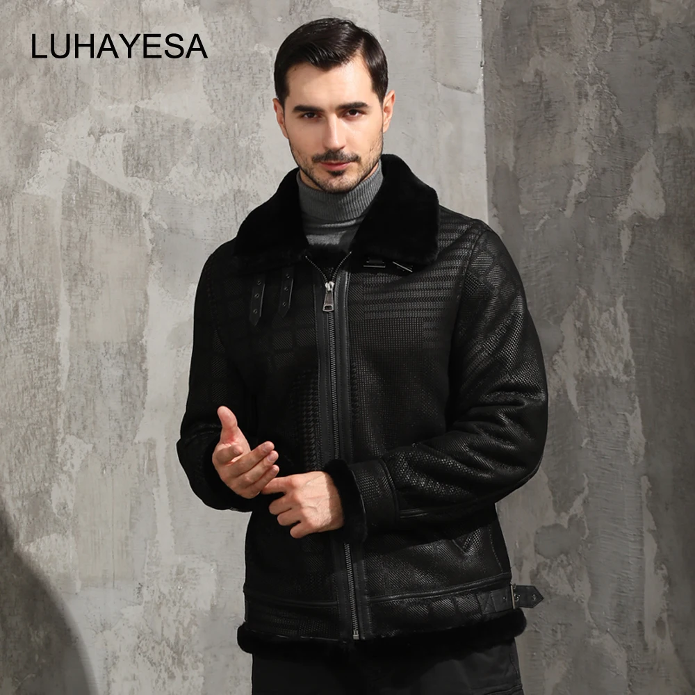 

LUHAYESA Plaid Shearling Fur Coat Men Winter Black Slim Warm Natural Sheepskin Fur Shearling Jackets