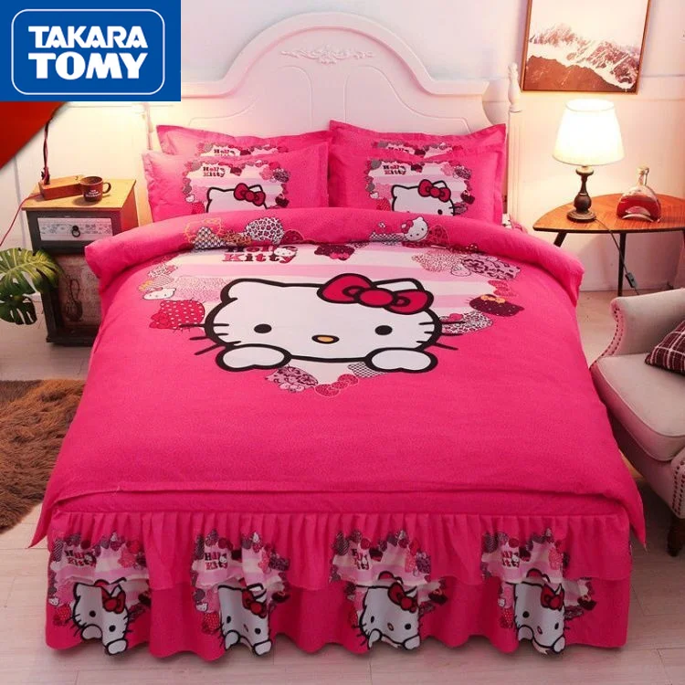 

TAKARA TOMY cute cartoon Hello Kitty four-piece bed skirt cover simple princess style thick sanding duvet cover bedding