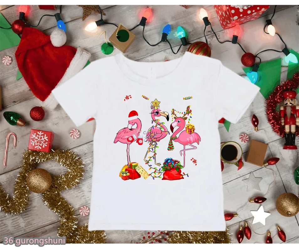 

Merry Christmas Flamingo Gift Graphic Print T-Shirt Girls/Boys Kawaii Kids Clothes Summer Fashion Tshirt Harajuku Shirt Tops