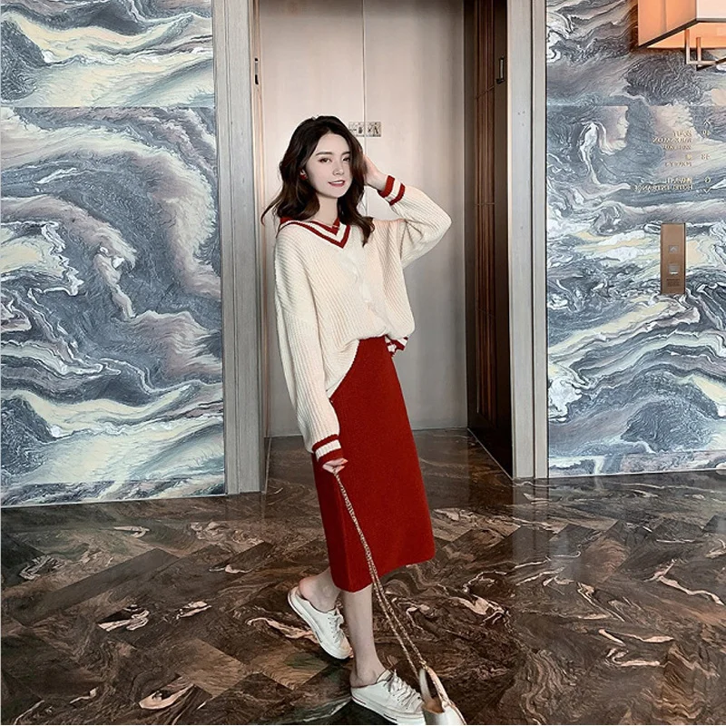 

2022 Autumn Winter New Korean V-Neck Small T-Shirt Women Sweater Long Sleeve Set Casual Fashion Waist Lifting Skirt 2-Piece Set