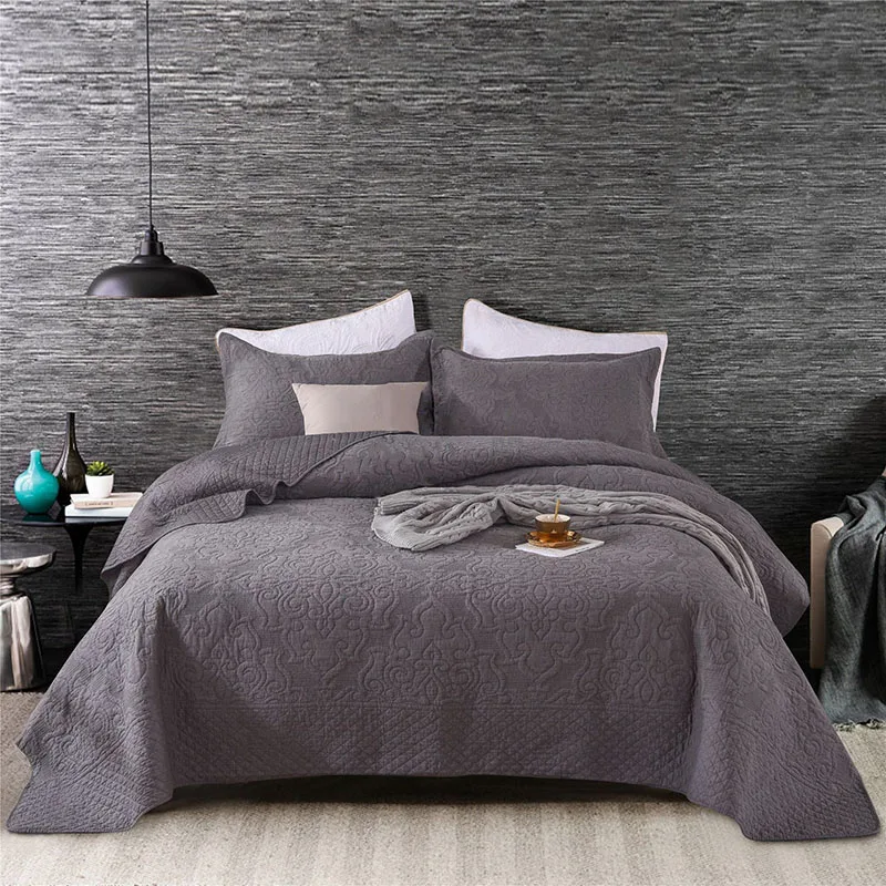 

Gray Cotton Quilt Set 3PC Bedspread on the Bed Solid Embroidered Bed Cover Pillowcase Queen Size Quality Coverlet Double Blanket