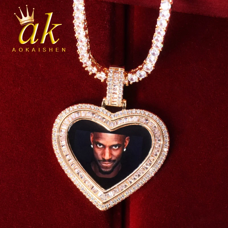 Aokaishen Heart Love Customized Picture Pendant Baguette Men Necklace Solid Back Micro Pave Charm Hip Hop Rock Jewelry Iced Out