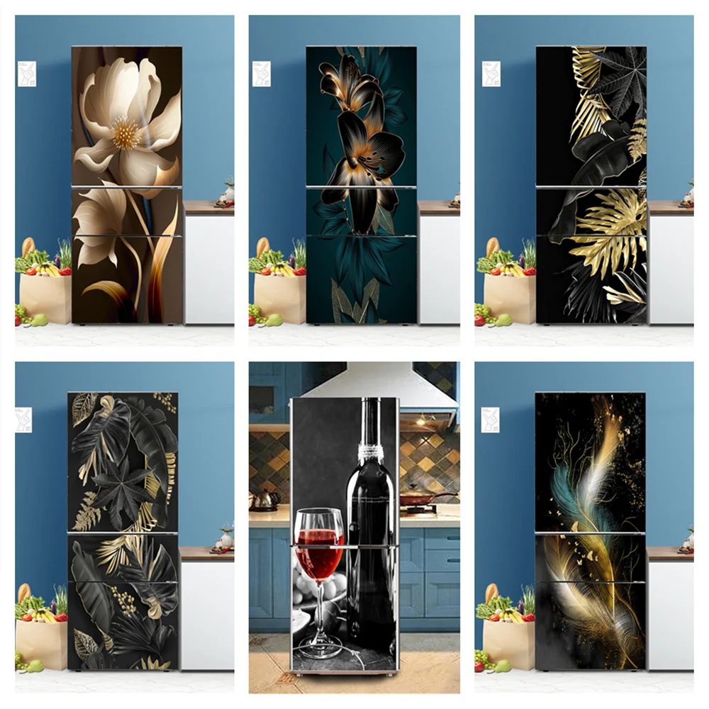 Self-adhesive Vinyl Fridge Stickers Full Cover Black Flower Leaves Refrigerator Wallpaper Freezer Decorative Film Poster Kitchen