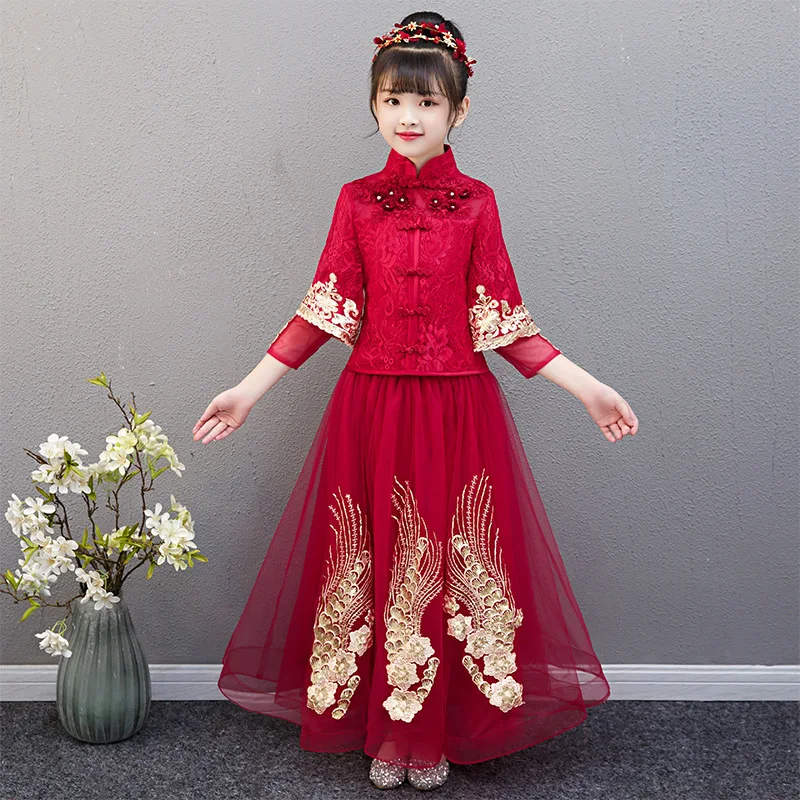 

Winter Girls Lace Embroidery New Year Outfits Chinese Traditional Catwalk Clothing Kids Sequined Gorgeous Princess Dress