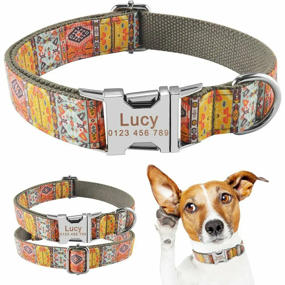 AiruiDog Adjustable Dog Collar Personalized Name Engraved Nylon Small Medium Large Dogs