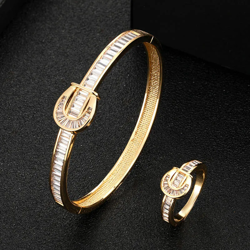 

Zlxgirl jewelry Luxury brand T shape cubic zircon women's wedding bracelet with ring jewelry set high Dubai gold color bangle