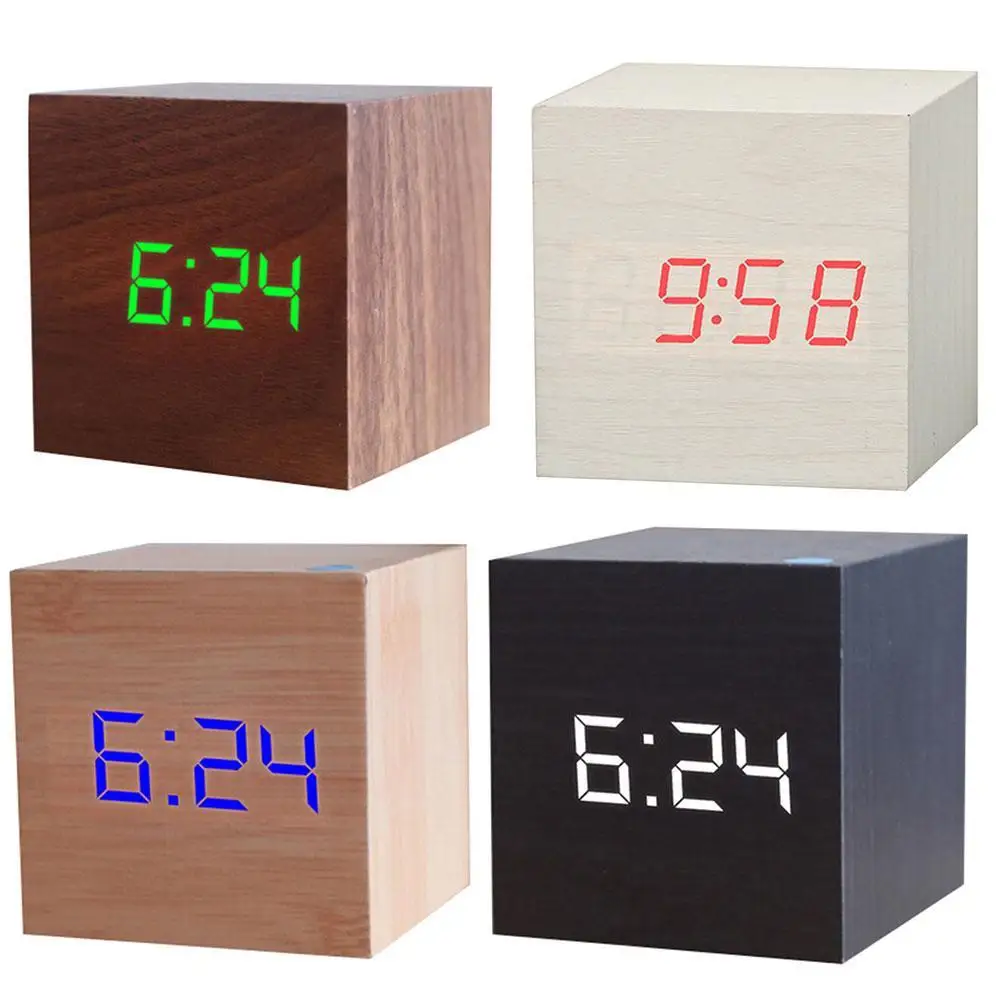 LED Wooden Alarm Clock Watch Table Voice Control Electronic Desktop USB/AAA Powered Clocks Table Decoration Desk Tools