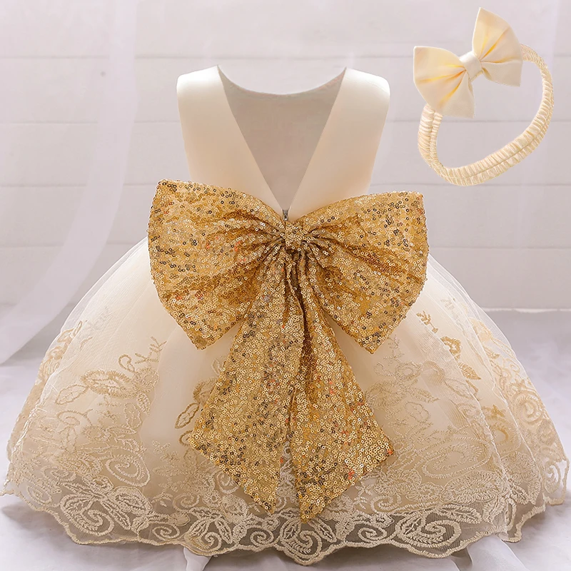 Toddler Baby Baptism Dress For Girls Infant 1 Year Birthday Party Dress Sequins Bow Wedding Princess Dress Children Clothes