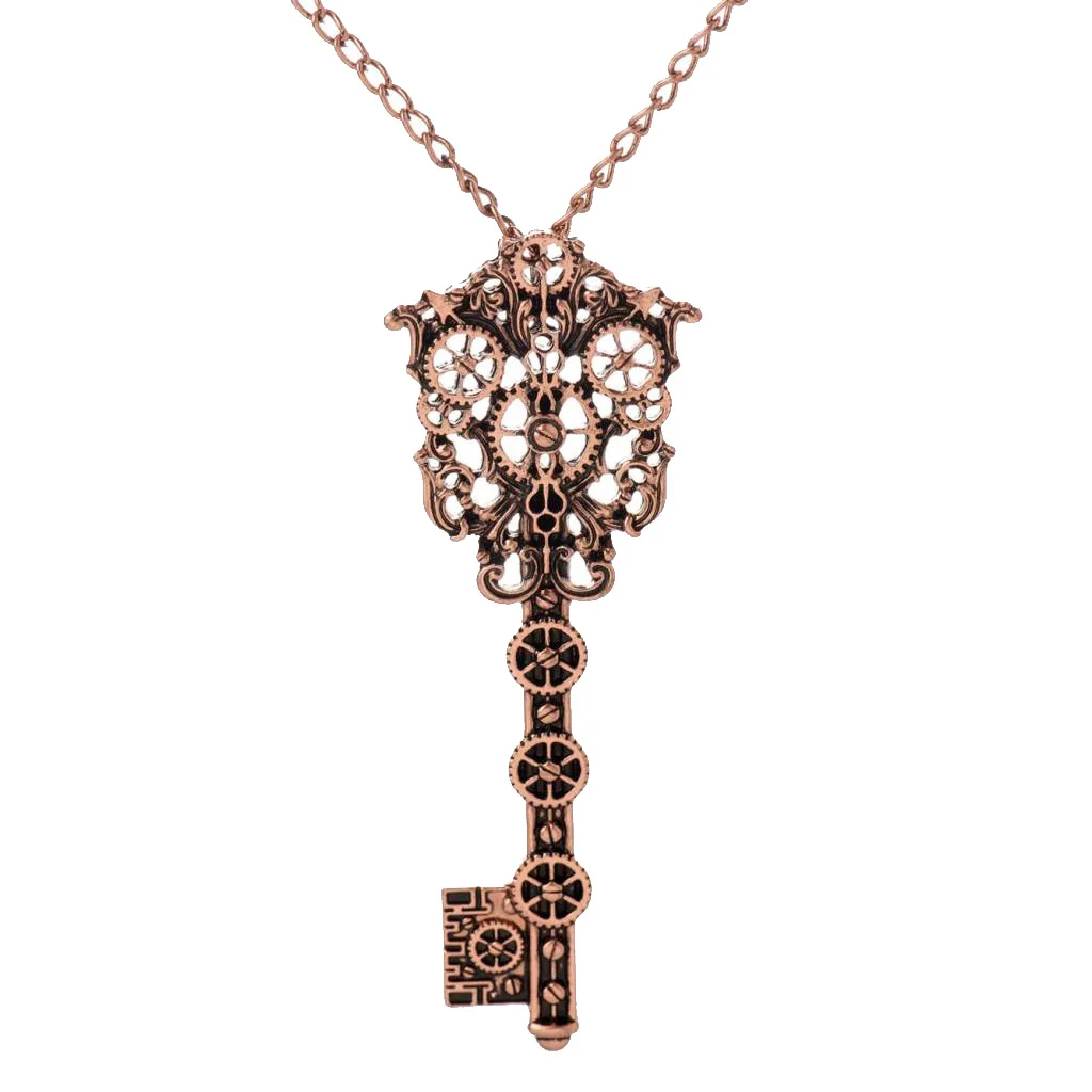 Vintage Steampunk Gear Key Shape Pendant Necklace Gothic Antique Bronze