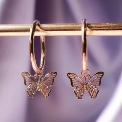 Huitan Delicate Rose Gold Color Butterfly Women Drop Earring Cute Bow Hoop Wedding Dancing Party Daily Wear New Trendy Jewelry