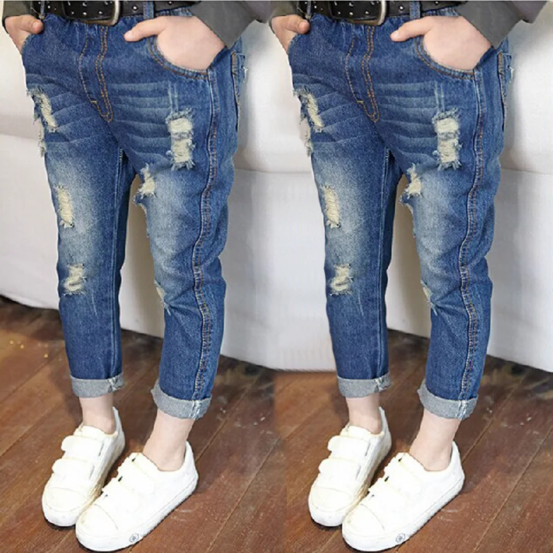 Spring and Autumn New Children Clothing Fashion All-match Solid Color Girl Ripped Jeans Korean Boys Trousers Straight Retro