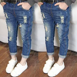 Spring and Autumn New Children Clothing Fashion All-match Solid Color Girl Ripped Jeans Korean Boys Trousers Straight Retro