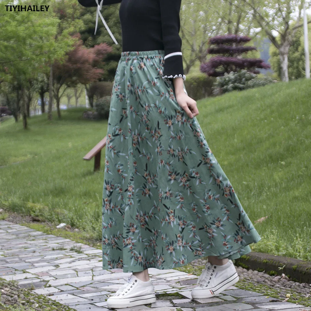 

TIYIHAILEY Free Shipping 2021 New Fashion Long Maxi A-Line Elastic Waist Women Cotton And Linen Print Flower Green Spring Skirt