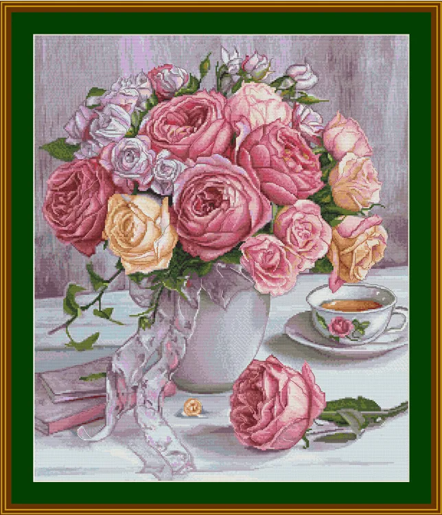 

rose vase on the table 57-66 Counted Cross Stitch 11CT 14CT 18CT DIY Chinese Cross Stitch Kits Embroidery Needlework Sets