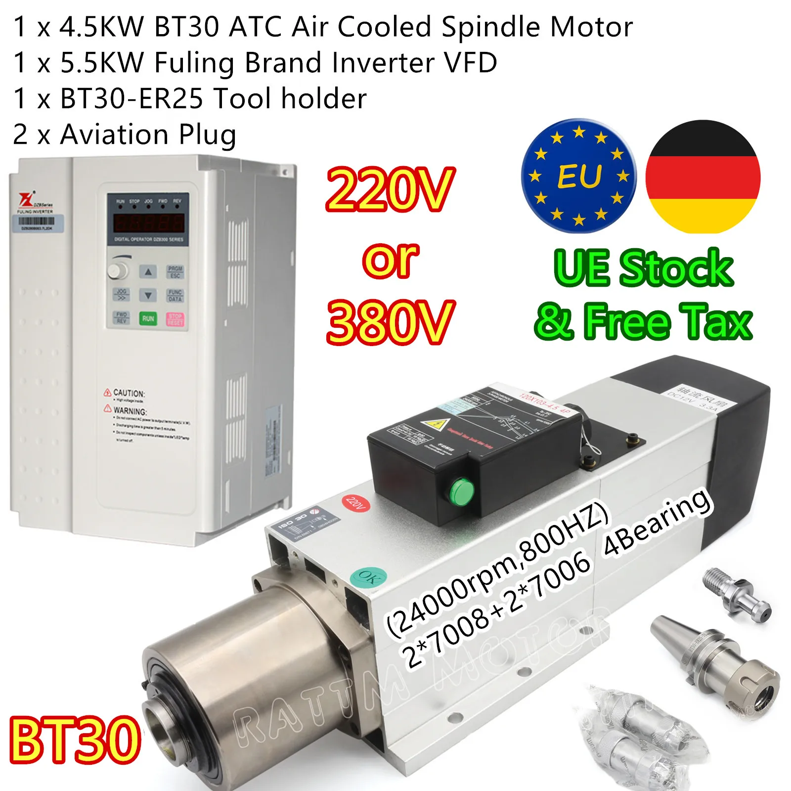 【EU no VAT】Square 4.5KW CNC ATC Automatic Tool Change Spindle Motor BT30 Air Cooled 220V or 380V With 5.5KW FuLing Inverter VFD