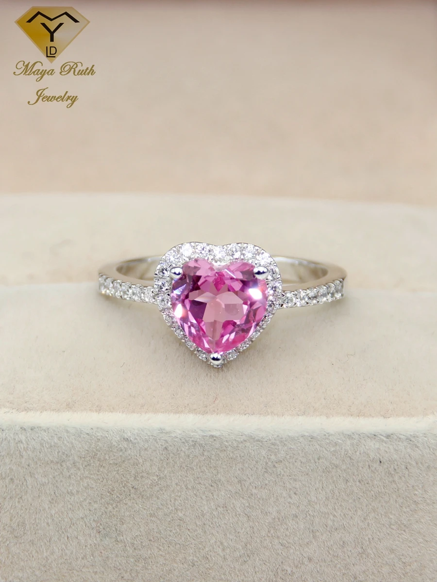 Created Pink Sapphire Real 925 Sterling Silver Party Ring For Women Imitation Gemstone Heart Shape Female Love Aesthetic Gifts