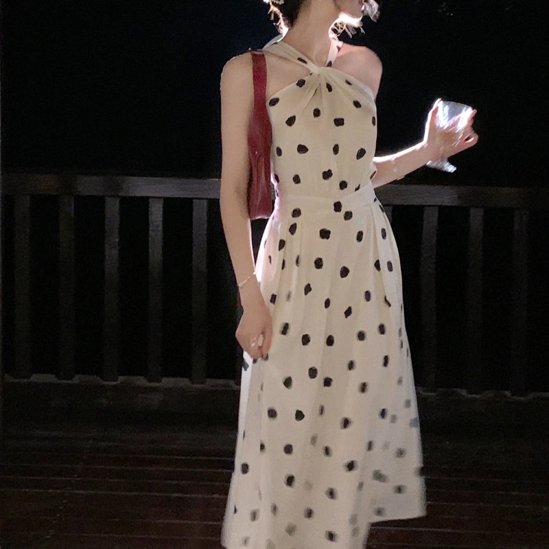 Abito da donna elegante a pois con scollo all'americana abito da donna Vintage senza spalline solido abiti coreani abiti estivi Femme Robe