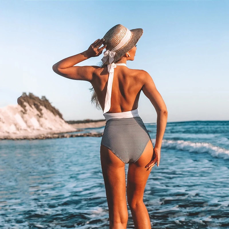 2025 Sexy Solid One Piece Swimsuit Women Deep V-neck Halter Swimwear Women Striped Monokini Female Bodysuit Beach Bathing Suit