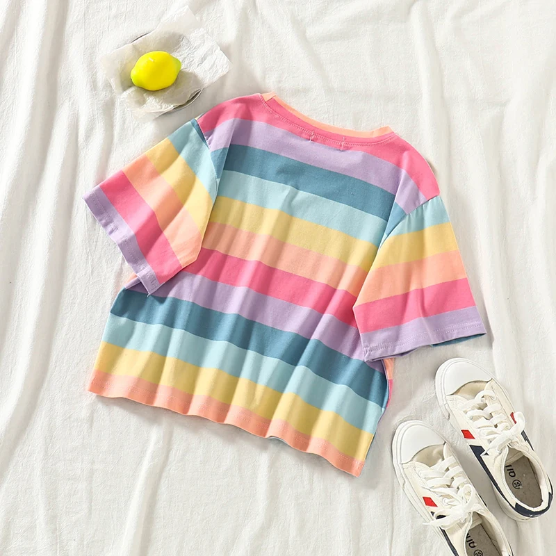 OUMEA Women Rainbow Striped Tees Short Sleeve Summer Casual Loose Beach Colorful Stripe Tshirt Korean Sweet Cropped Cotton Tees