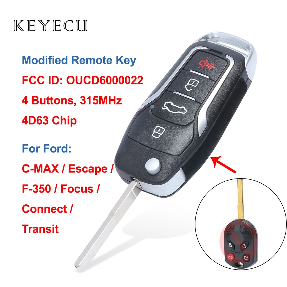 

Keyecu Modified Flip Remote Key 4 Buttons 315mhz 4D63 HU101 Blade for Ford C-MAX Escape F-350 Focus Transit Connect OUCD6000022