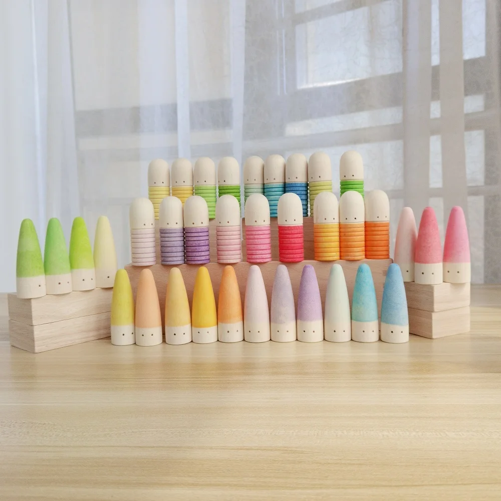 

Baby Toys 18pcs 6.5cm Rainbow Blocks Wooden Toys Large Rainbow Stacker Wave Flame Earth Montessori Educational Toy