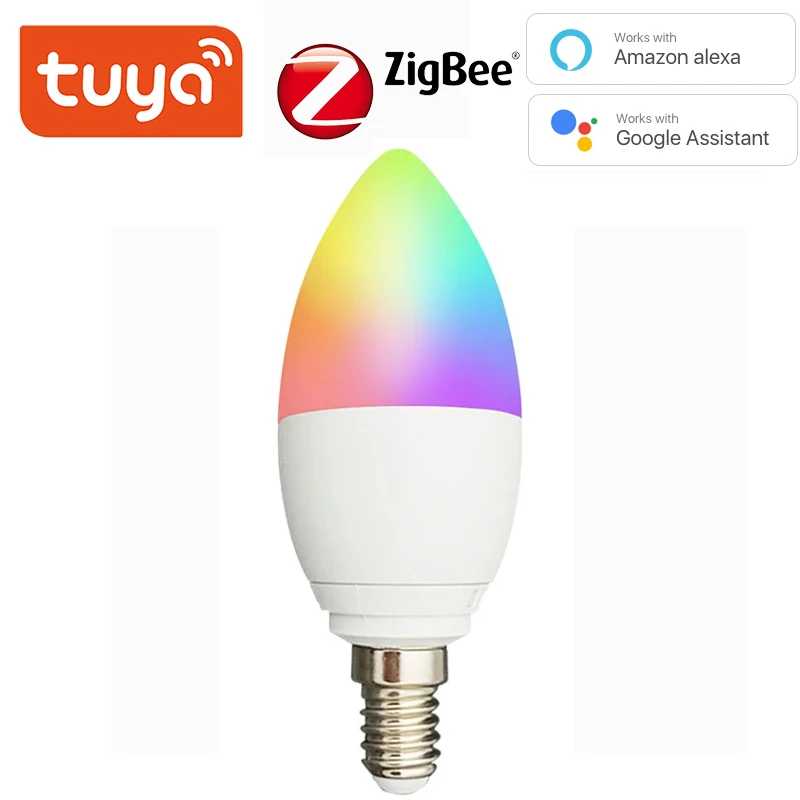 

Tuya Zigbee 3.0 Smart Candle Bulb E14 5W Led Light Bulb RGBCW Dimmable Lamp Smart Life Support Alexa Google Home Smartthings