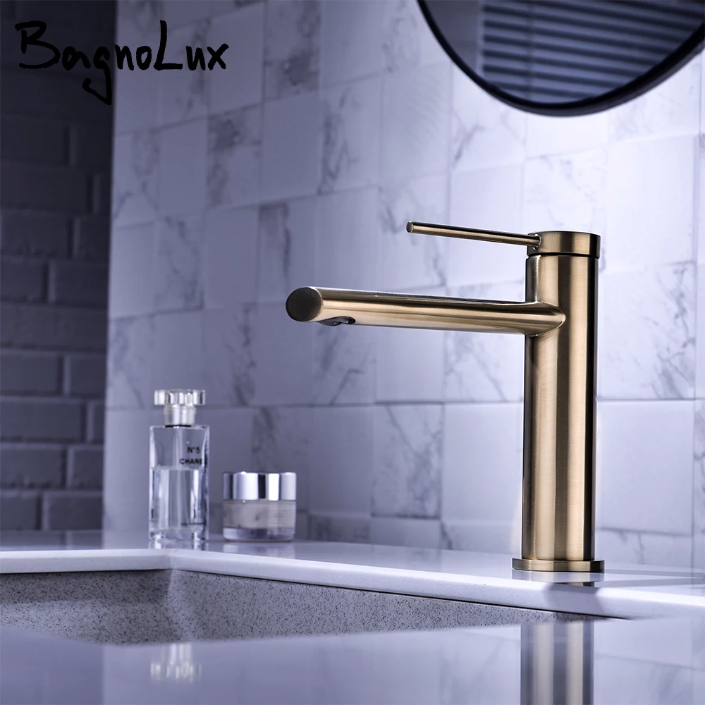 Bagnolux Brass Single Holder Hole Brushed Gold Modern Deck Mounted Hot and Cold Water Mixed Type Bathroom Basin Faucet