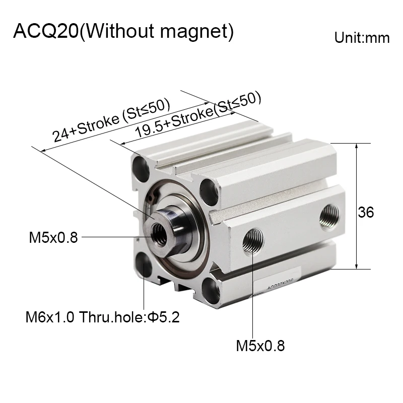 ACQ20 ACQ25 تتحمل 20 مم 25 مم السكتة الدماغية 5-100 مم مكبس هوائي مدمج اسطوانات هوائية مزدوجة التمثيل