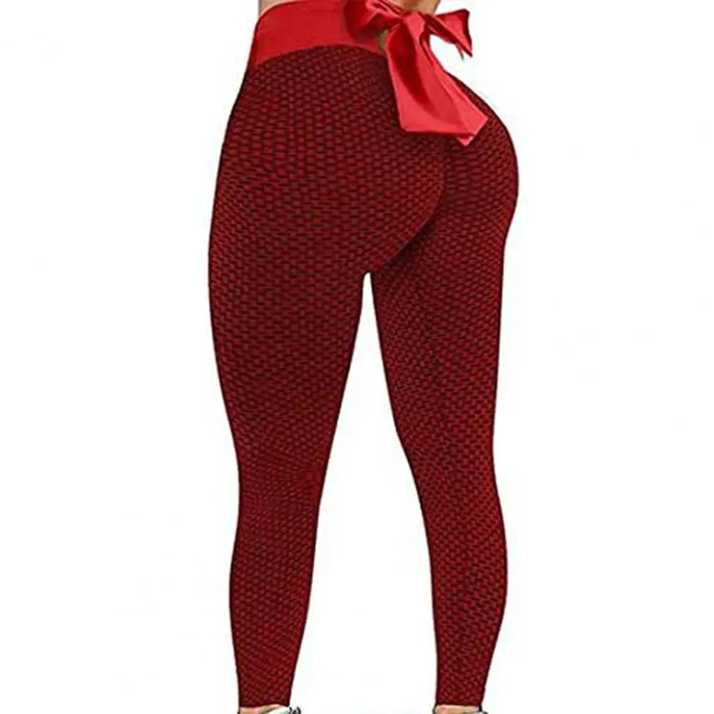 Plus Size Sporty Women Yoga Pants High Waist Honeycomb Bow Jacquard Hip Lift Pencil Pants Leggings Fitness Gym Yoga Trousers