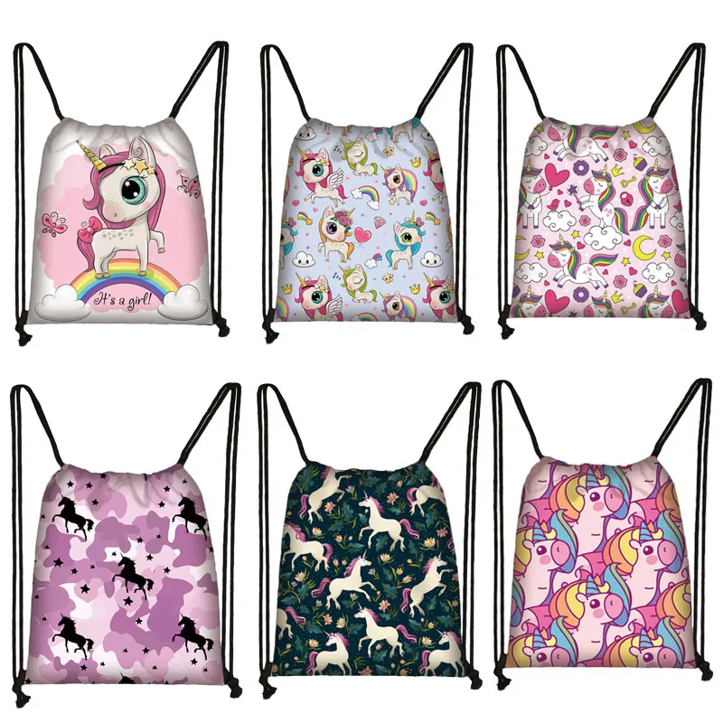 Mochila con cordón Floral para mujer y niña, bolsa de lona con diseño de unicornio, caballo rosa, bolso de hombro para guardar zapatos de viaje