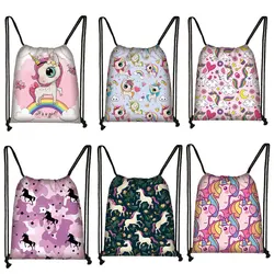 Einhorn Floral Kordelzug Tasche Frauen Rucksack Mädchen Rosa Pferd Leinwand Lagerung Taschen Mädchen Schulter Taschen für Reisen Schuhe Halter