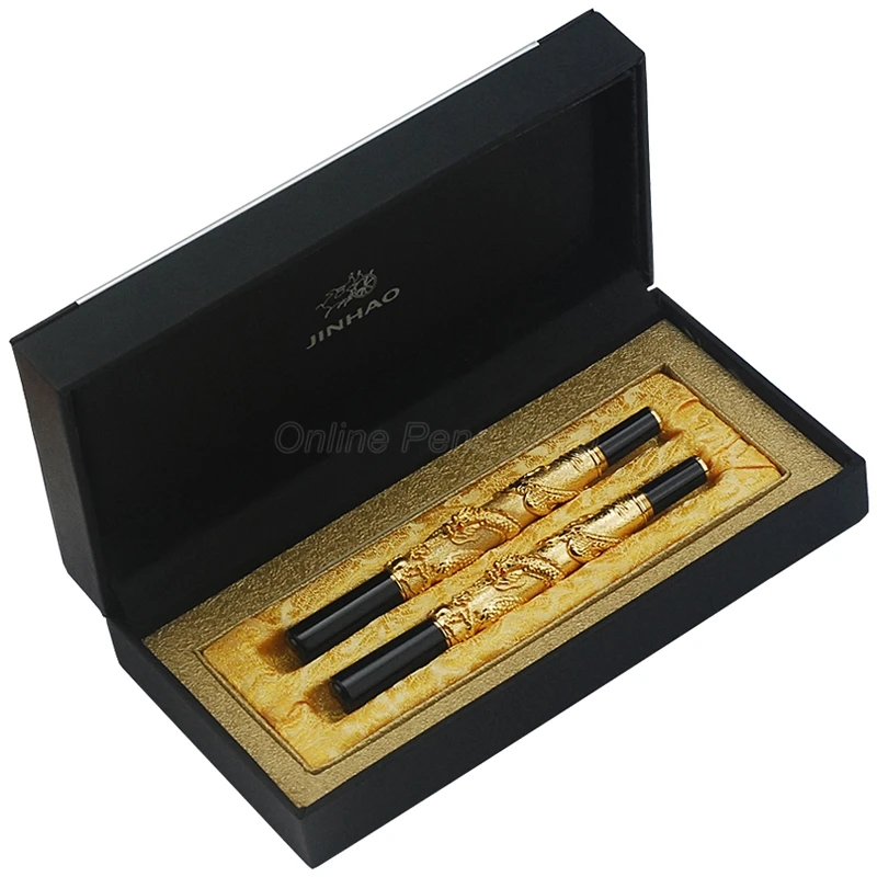 Jinhao Classic Golden Color Fountain Pen, Rollerball Pen Oriental Dragon Series Heavy Pen Iridium Fine Nib With Gift Box Set