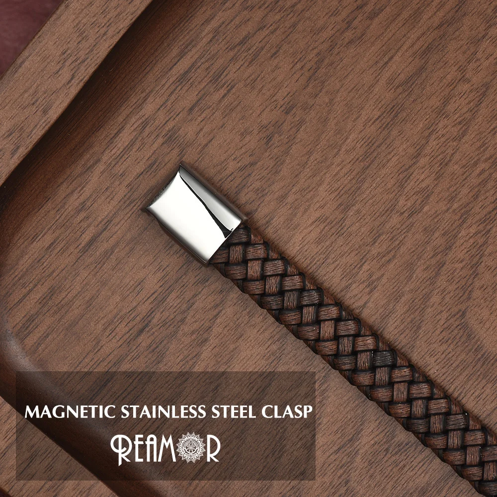 REAMOR Trendy Men Jewelry Stainless Steel Connector Braided Leather Magnetic Buckle Bracelets Punk Men Wristband Pulsera Hombre