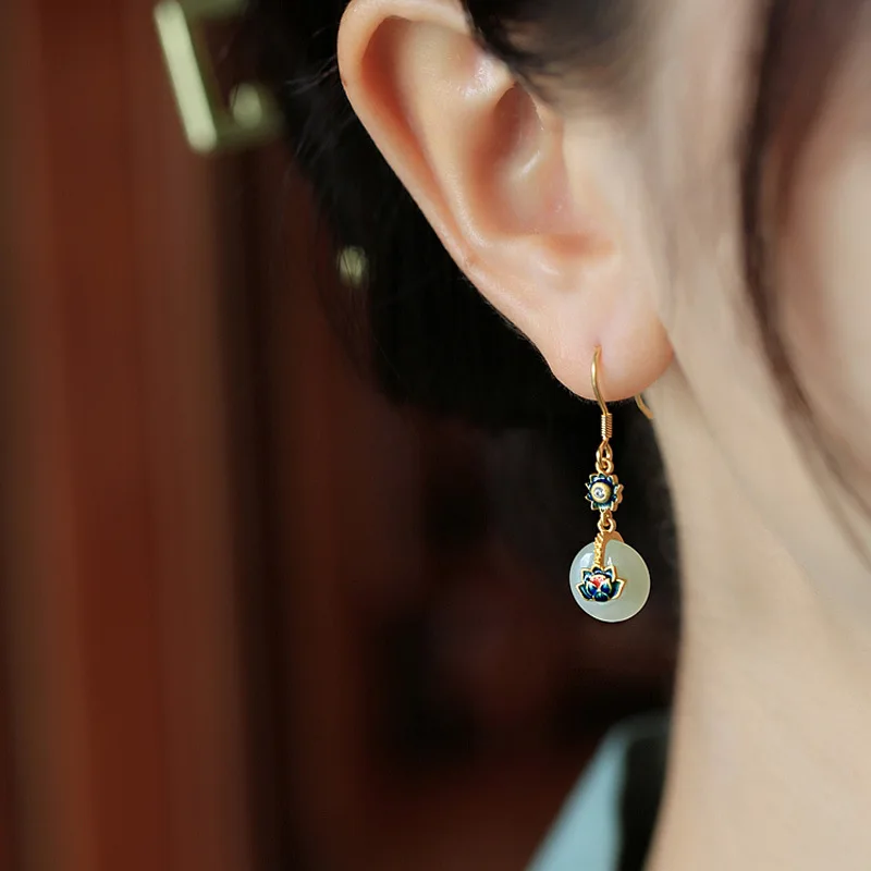 LIVVY Gold Color  Retro Crystal Stone Lotus Pendant Earrings For Women Chinese Style Unique Fashion Luxury Charm Jewelry image 3