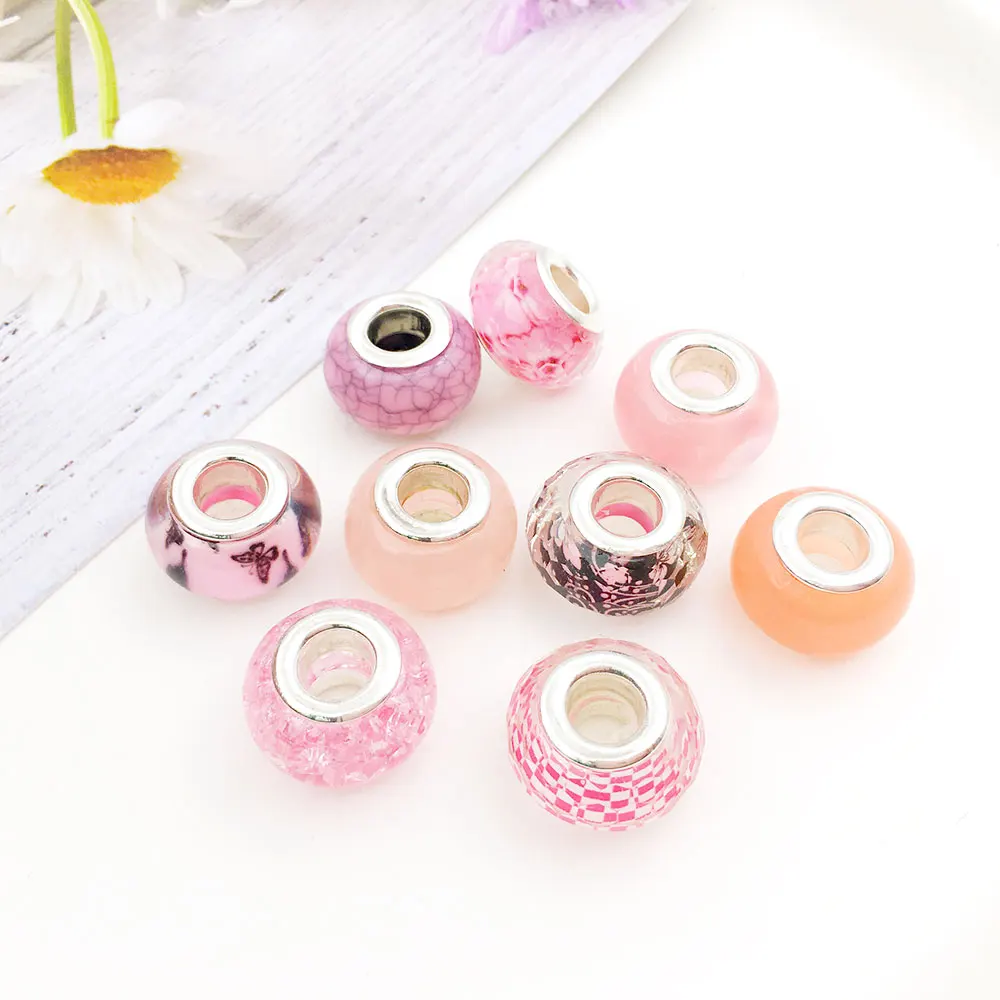 5pcs/lot 9 Colors Fashion Round Pink Beads Big Hole Spacers Beads for DIY Bracelet Jewelry Making Findings Accessories