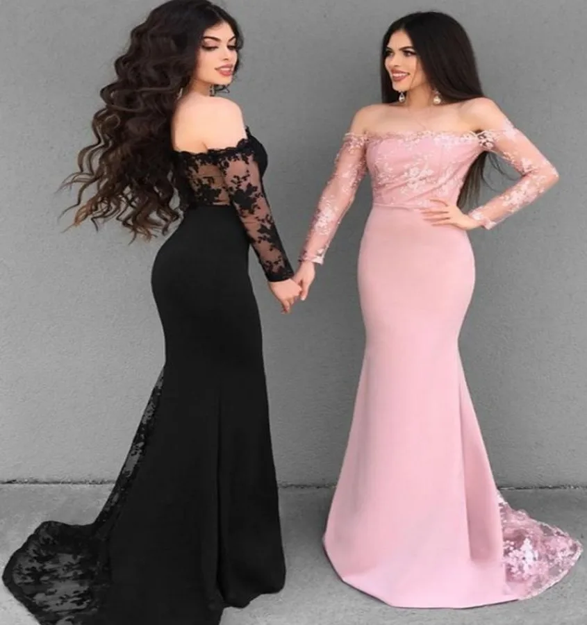 Elegancka suknia wieczorowa z długim rękawem dubaj arabski 2021 Off the Shoulder Lace Mermaid Prom suknia wieczorowa Vestidos Robe De Soiree