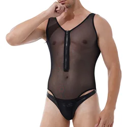 Ropa interior Sexy para hombre, bañador de una pieza, lencería de malla transparente, cuello en U profundo, sin mangas, mono de corte alto con cremallera frontal