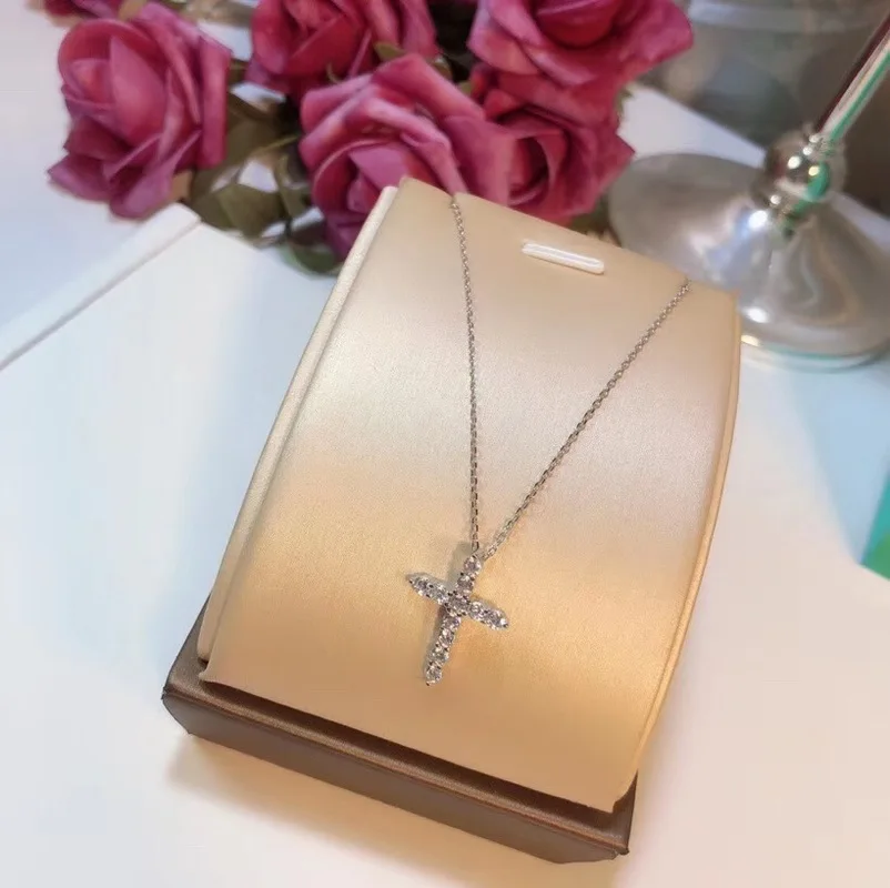 Luxury Female Big Cross Pendant Necklace Fashion Bride Wedding Necklace For Women Classic 925 Silver AAAA Zircon Stone Necklace