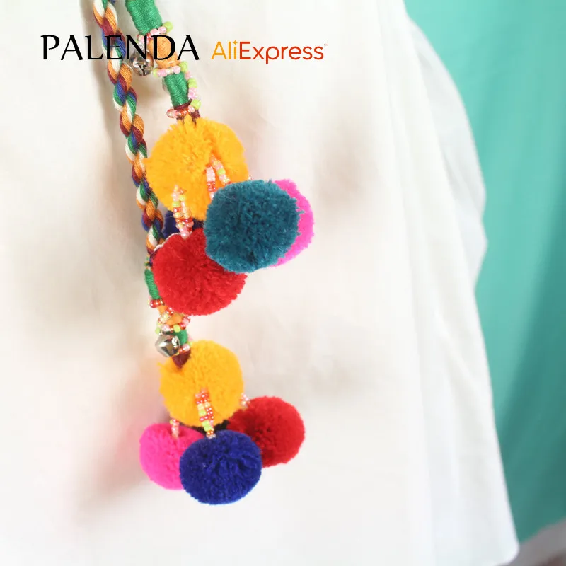 new shirt blouse top white leisure large size loose puff sleeve long v-neck with colorful pompom