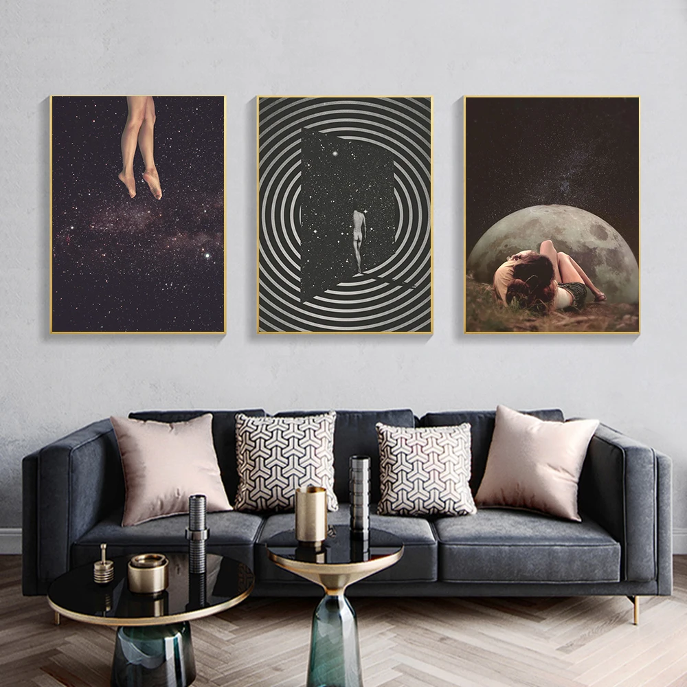 Girl Swing Canvas Painting Under Night Sky Surrealism Galaxy Space Moon Wall Art Picture Poster Prints Home Decoration Bedroom