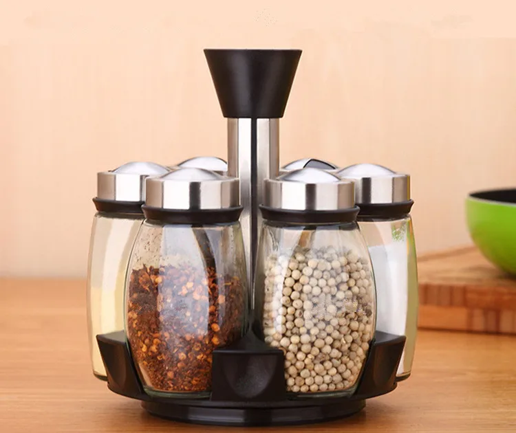 

6pcs/set Condiment Pepper Salt Cruet Stainless Steel Kitchen Spice Rack With Glass Seasoning Box Herb Spice Bottle JO 1073