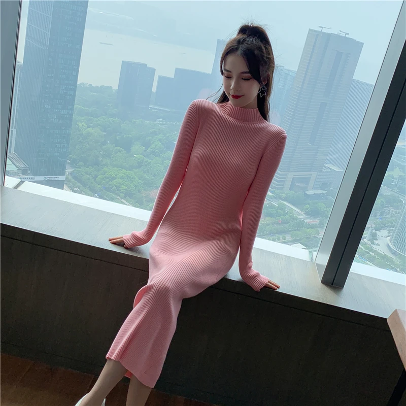 

Women's Bottoming Slim Long-sleeved Half-high Collar Mid-length Tight Sweater Dress
