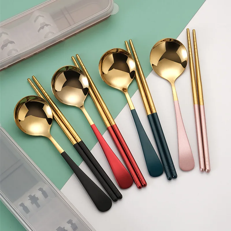 Korean 304 Stainless Steel Cutlery Set Beautiful Noodles Chopsticks Spoon Dinnerware with Box Portable Children's Tableware