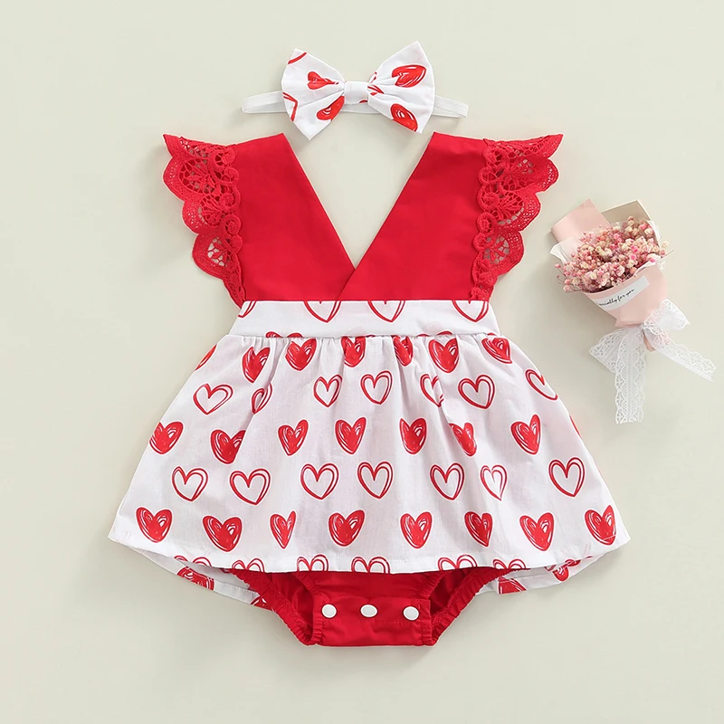 Baby Valentine's Day Bodysuits Outfits Splicing Leopard Heart Print O-Neck Backless Bodysuits Skirt Hairband Girls Bodysuits